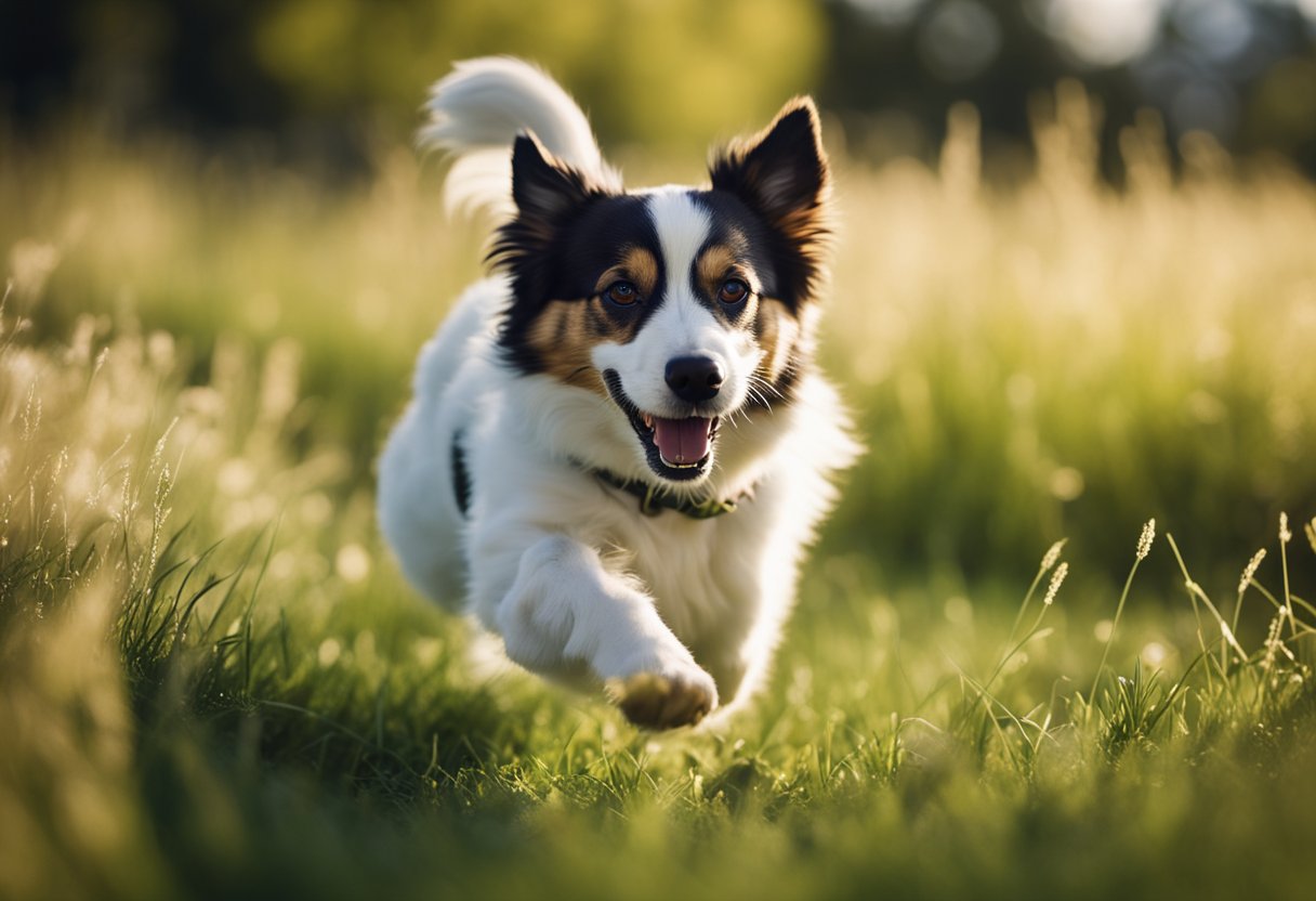 The dog runs through the grass, chasing a ball with its tail wagging