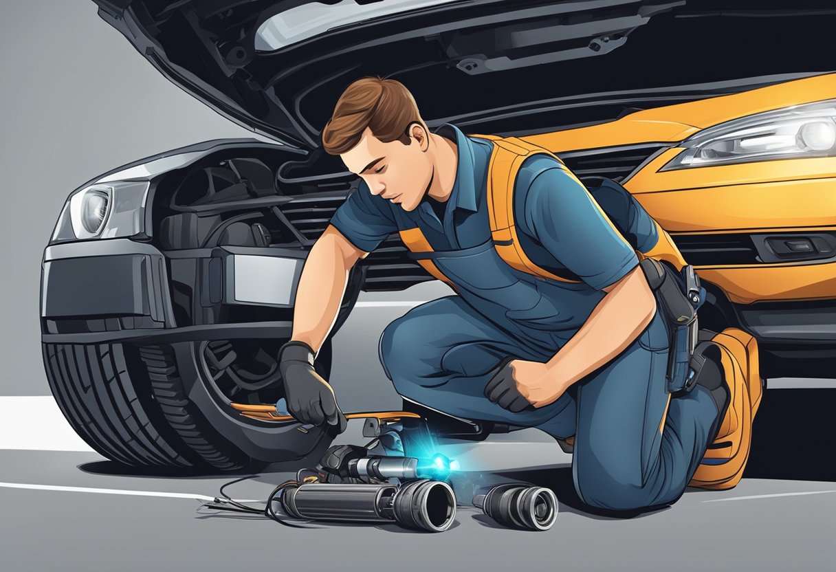 A mechanic kneels beside a car, flashlight in hand, examining the underside near the transmission for the vehicle speed sensor