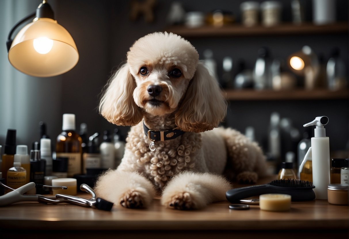 A poodle standing on a grooming table, surrounded by various grooming tools and products. A person with a brush in hand is gently grooming the poodle's fur