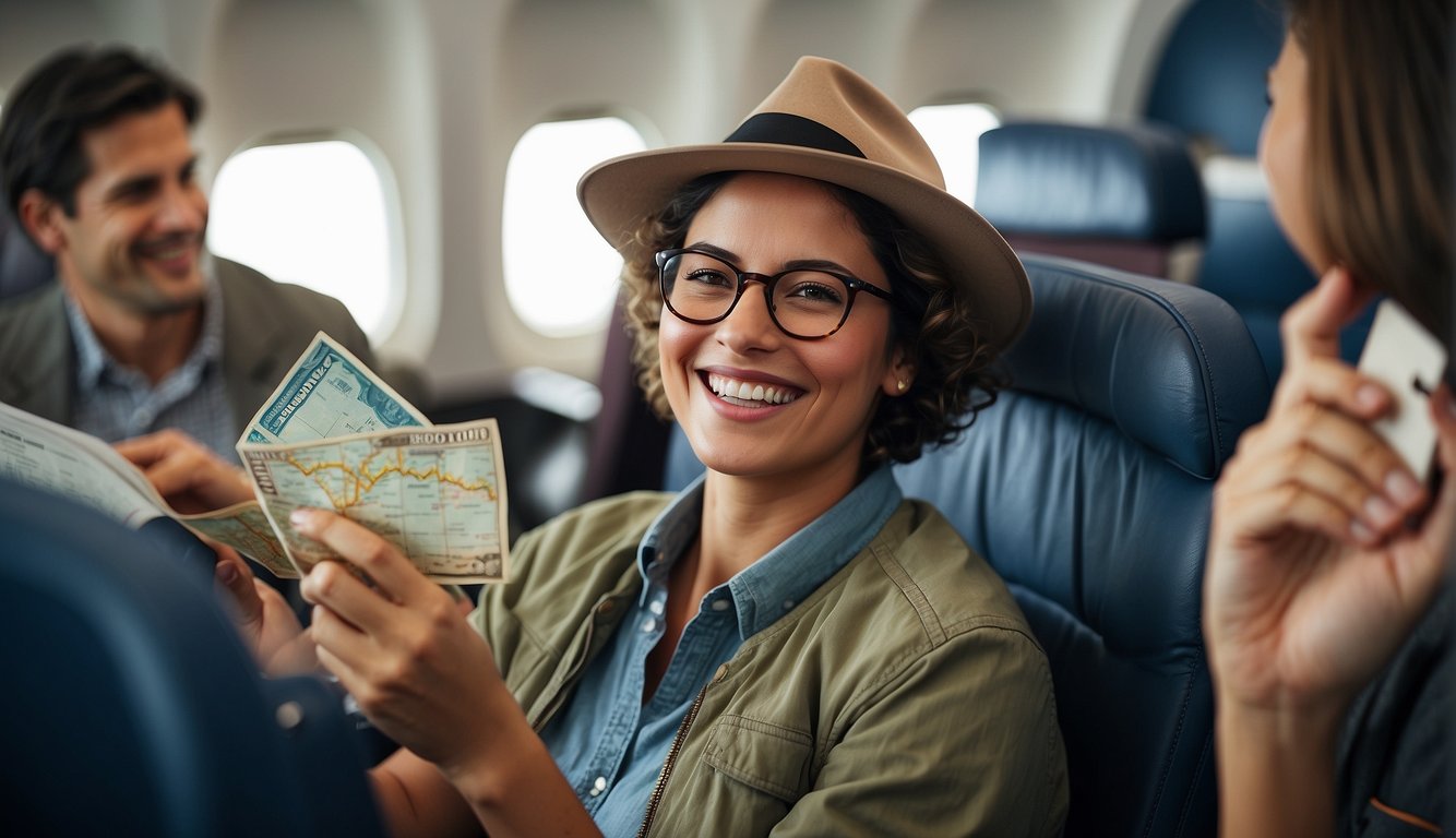 A traveler receiving cashback on a plane ticket purchase, with a map and passport in hand, smiling at the savings