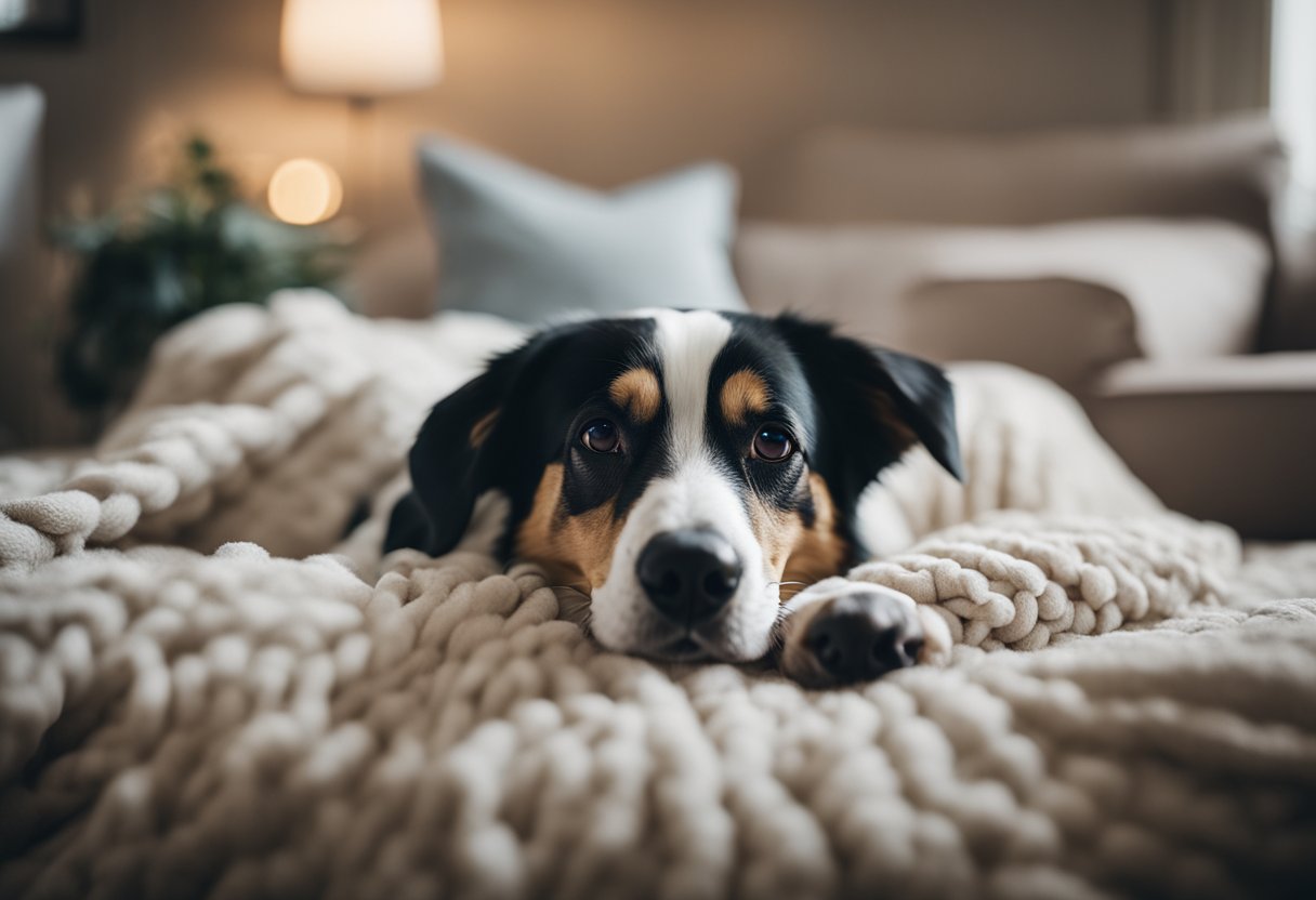 A dog with liver failure lies peacefully on a soft blanket, surrounded by loved ones. The room is quiet and filled with natural light, creating a serene and comforting atmosphere