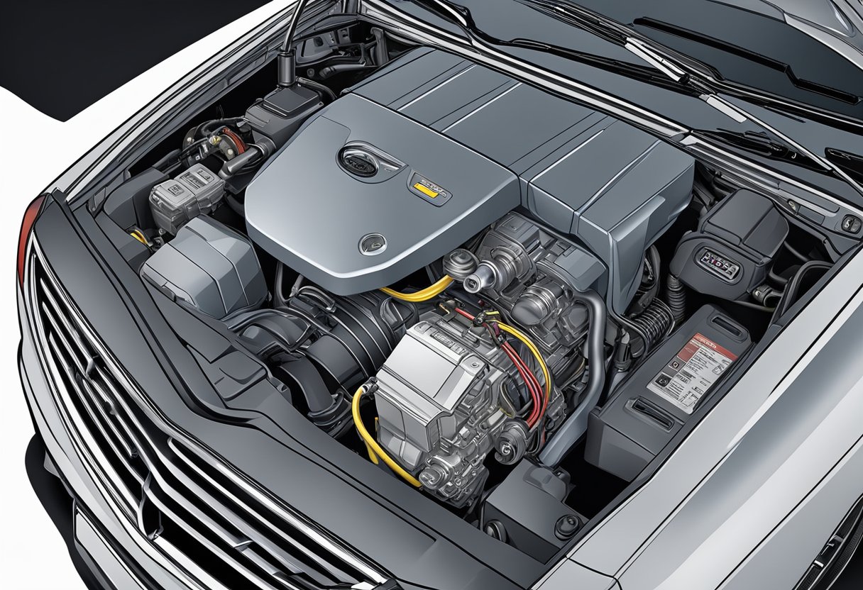 The engine compartment of a car with the hood open, showing the location of the alternator fuse near the battery and other electrical components