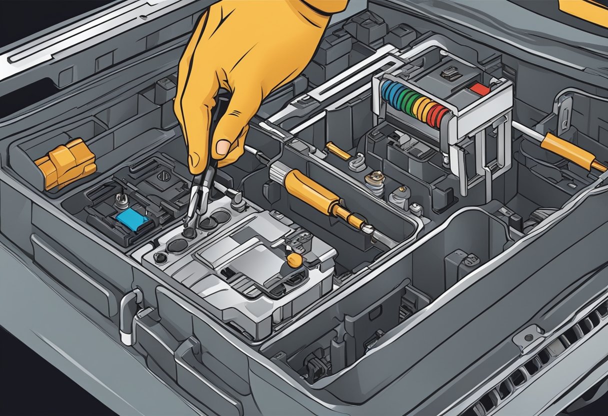 A mechanic removes the blown alternator fuse from the fuse box and replaces it with a new one, using a fuse puller tool