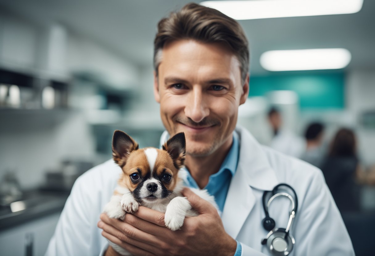A veterinarian gently holds a small dog with labored breathing, surrounded by concerned pet owners