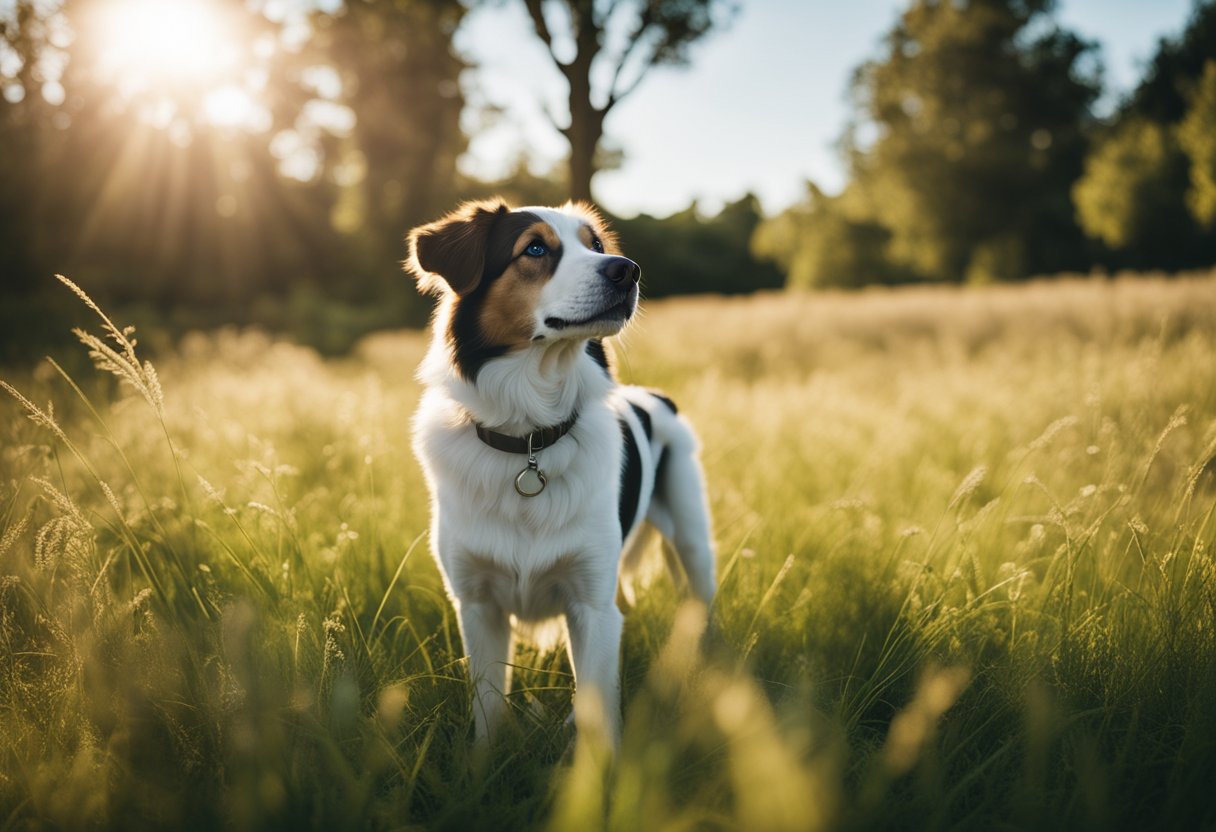 A dog stands in a grassy field, surrounded by trees and a clear blue sky