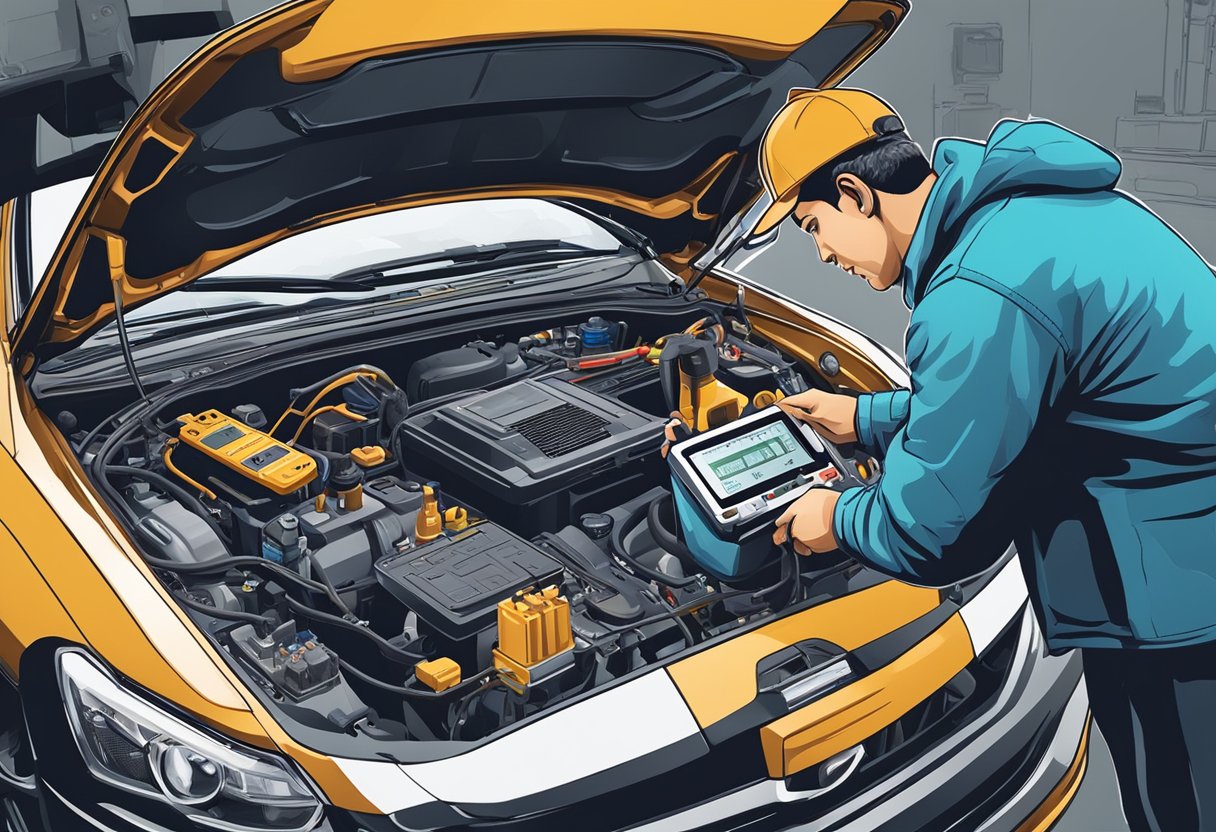 A car with its hood open, mechanic holding a multimeter, checking the O2 sensor's voltage.

Tools scattered around
