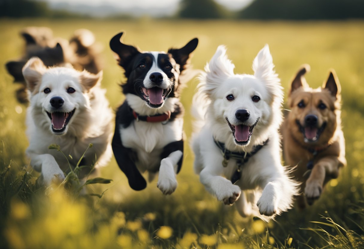 A group of excited dogs running and barking together in an open field