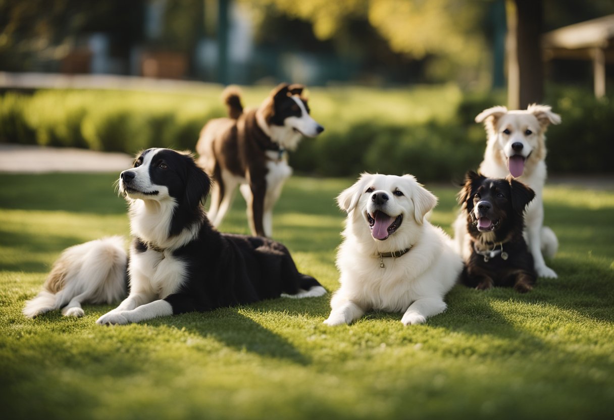 A group of dogs of various breeds and sizes lounging and playing in a park or backyard setting