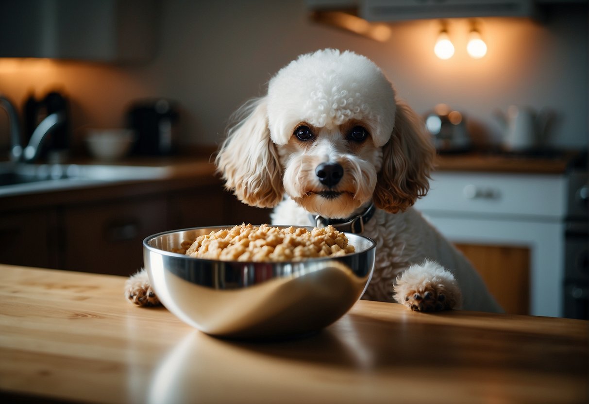 A poodle eating from a silver dog bowl in a cozy kitchen