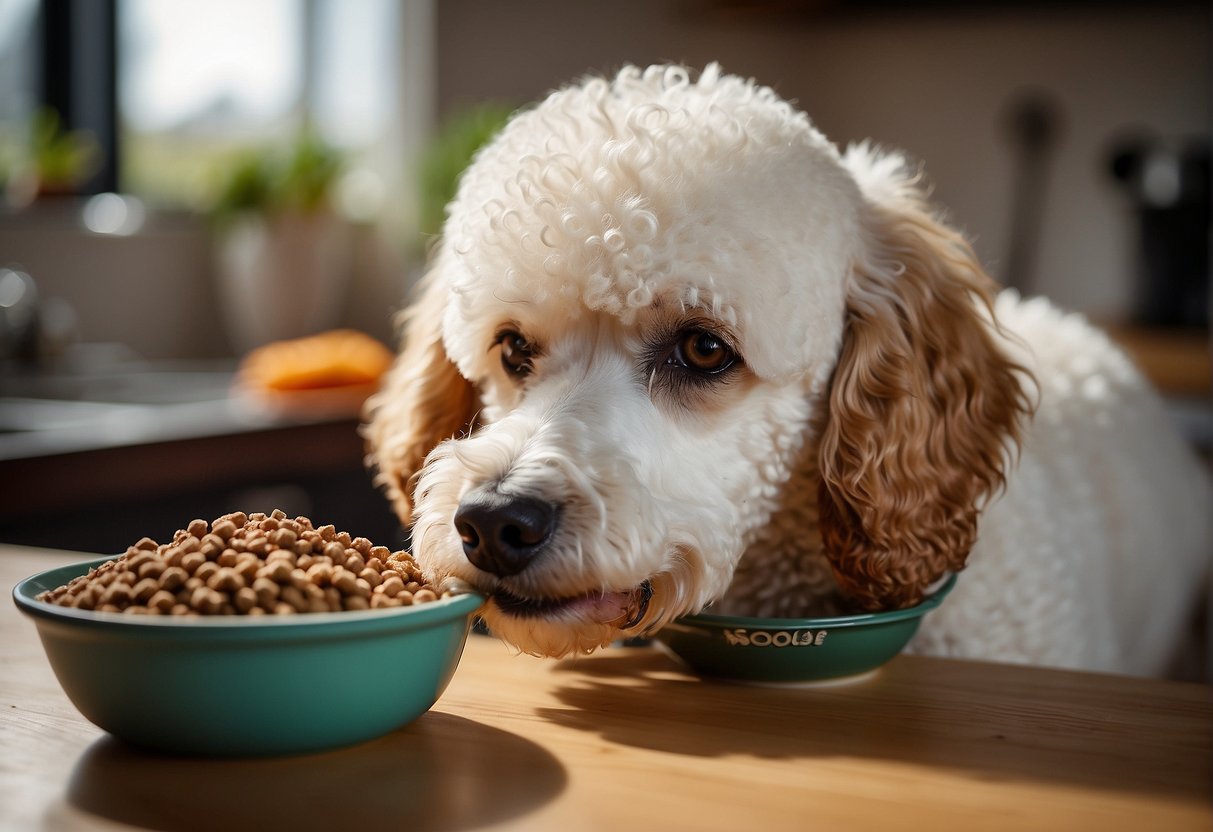 A poodle eating from a bowl of balanced dog food with a variety of healthy ingredients, such as lean meat, vegetables, and grains, while a water bowl sits nearby