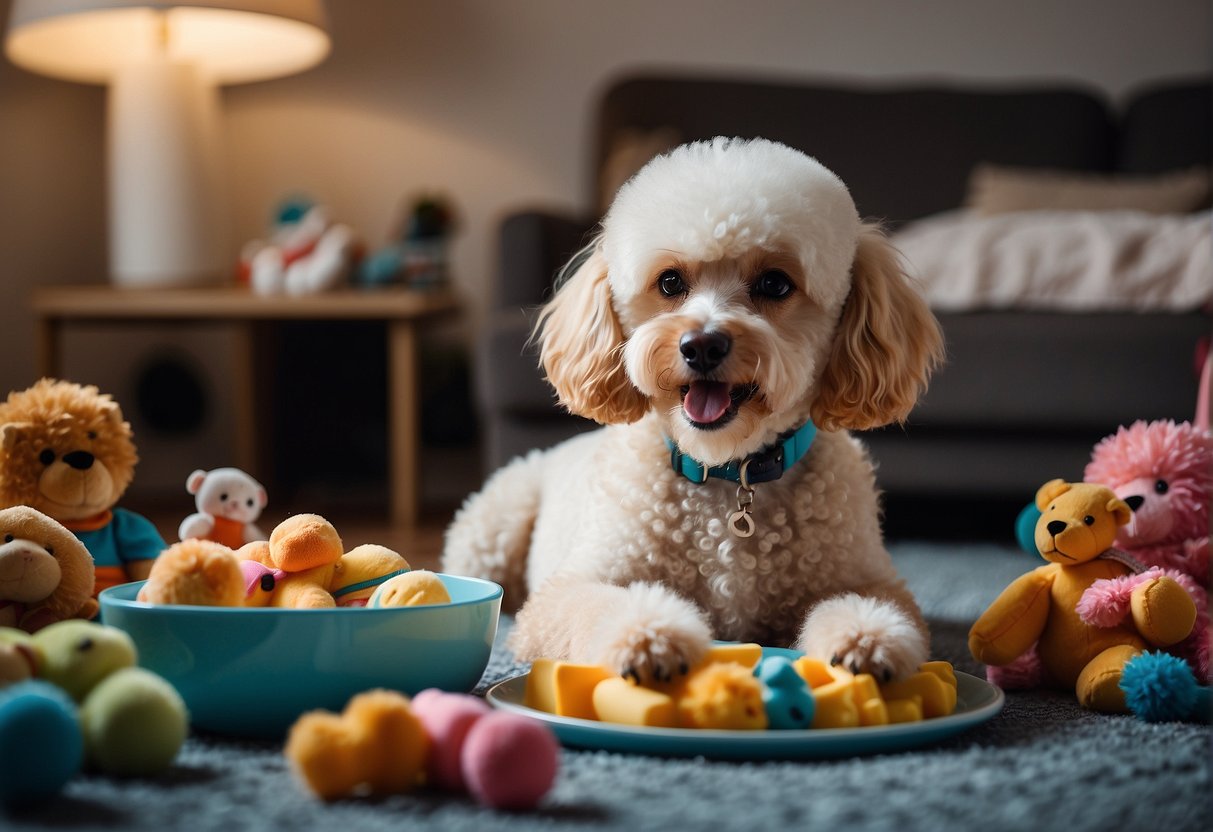 A poodle eating from a bowl, surrounded by toys and a comfortable bed, with a happy and content expression