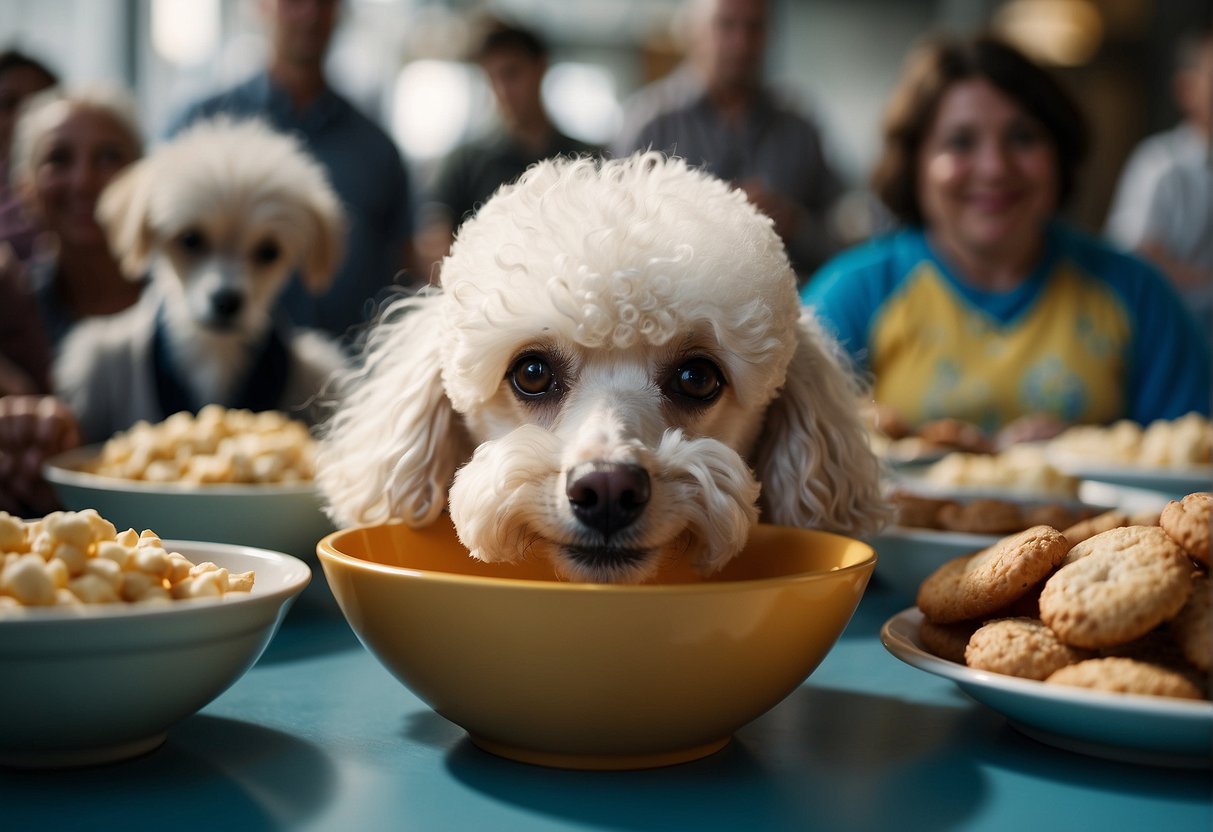 A poodle eating from a bowl, surrounded by curious onlookers