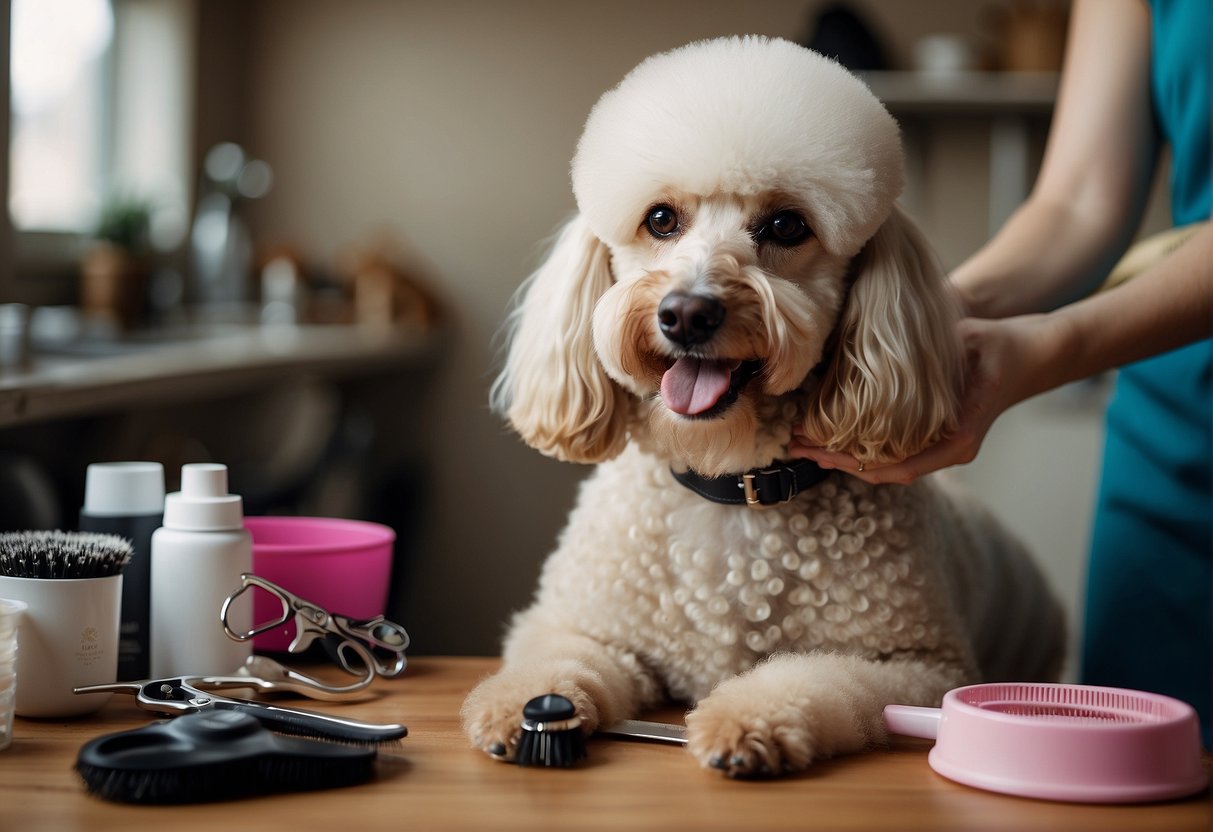 A person grooming a poodle with a brush and scissors, surrounded by dog grooming supplies and a happy, well-groomed poodle