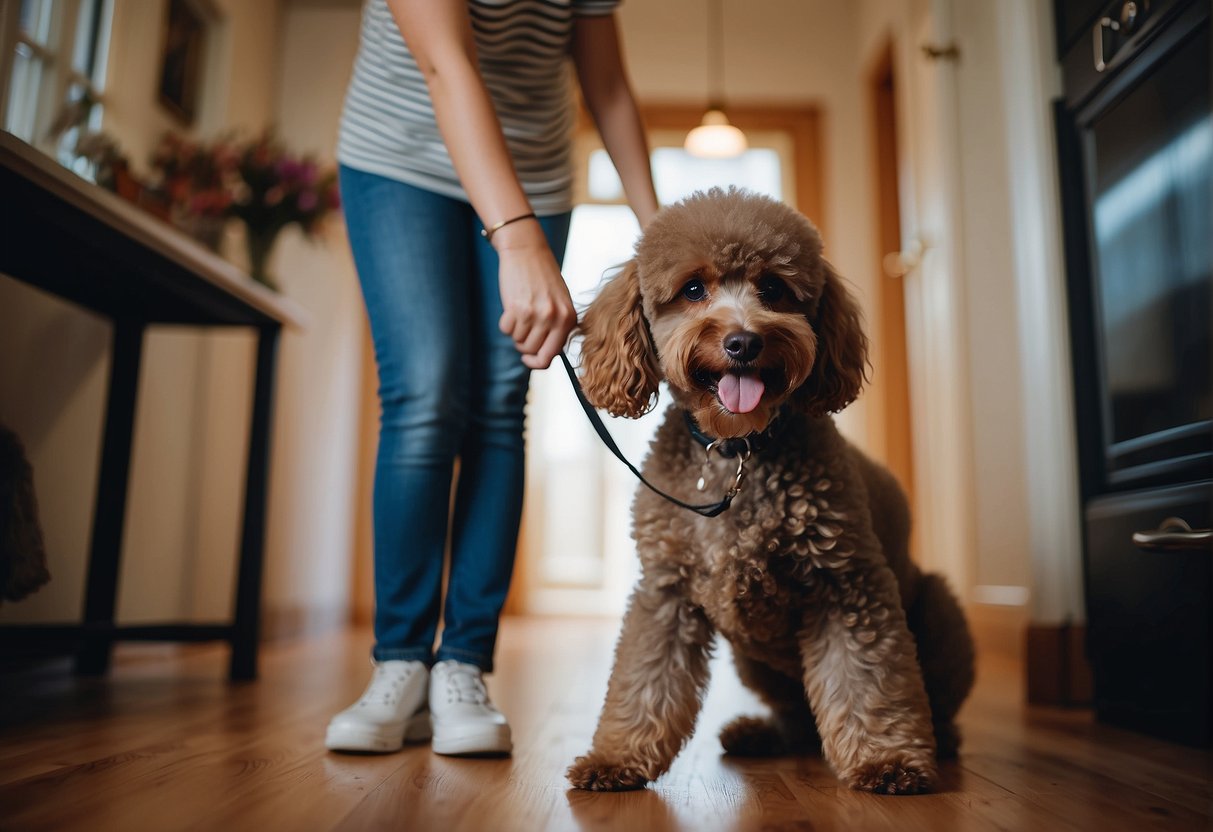 A person selecting and welcoming a poodle into their home, showing affection and care