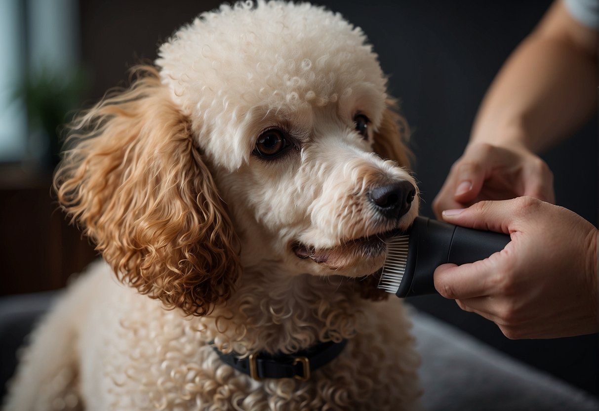 A poodle being gently lifted with a grooming brush nearby