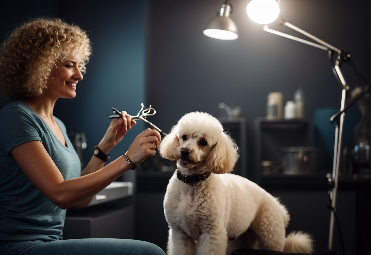 A person grooming a poodle with a brush and scissors