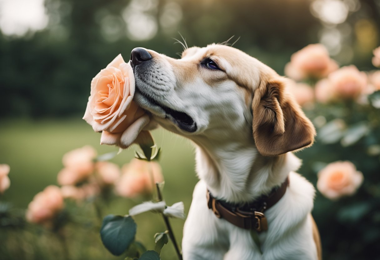 A dog sniffs a rose, then recoils and whines in discomfort