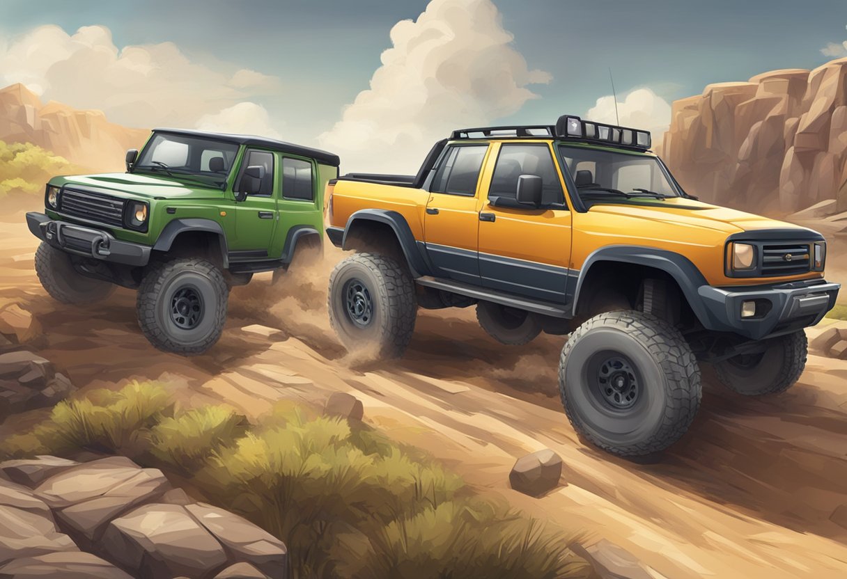 Two vehicles, one 4x2 and one 4x4, driving on a rugged terrain.

The 4x4 vehicle easily navigates through obstacles while the 4x2 struggles