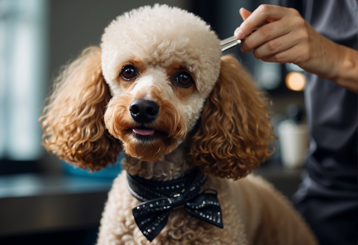 A poodle being groomed with brushes, scissors, and a blow dryer in a grooming salon