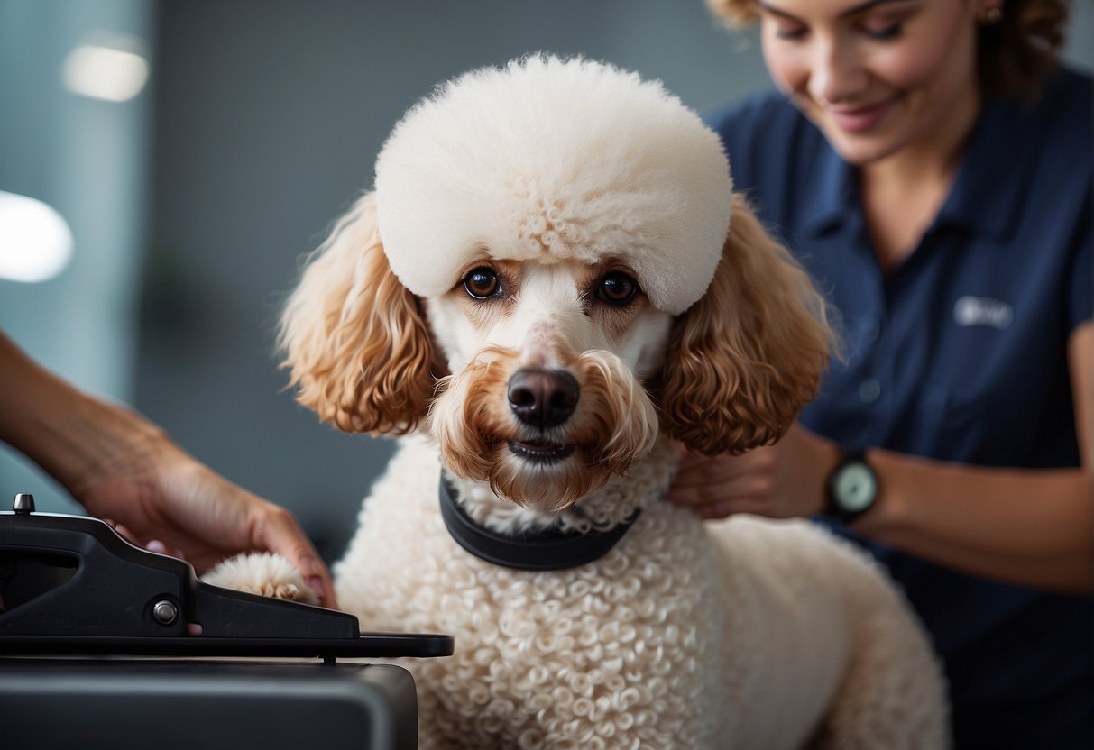 A poodle being groomed with precision cutting and finishing techniques