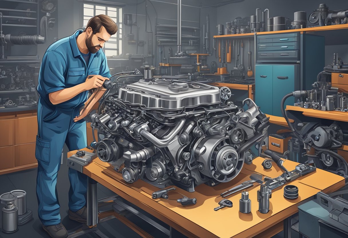 A mechanic inspects a car engine, analyzing the camshaft position and timing.

Tools and diagnostic equipment are scattered around the work area