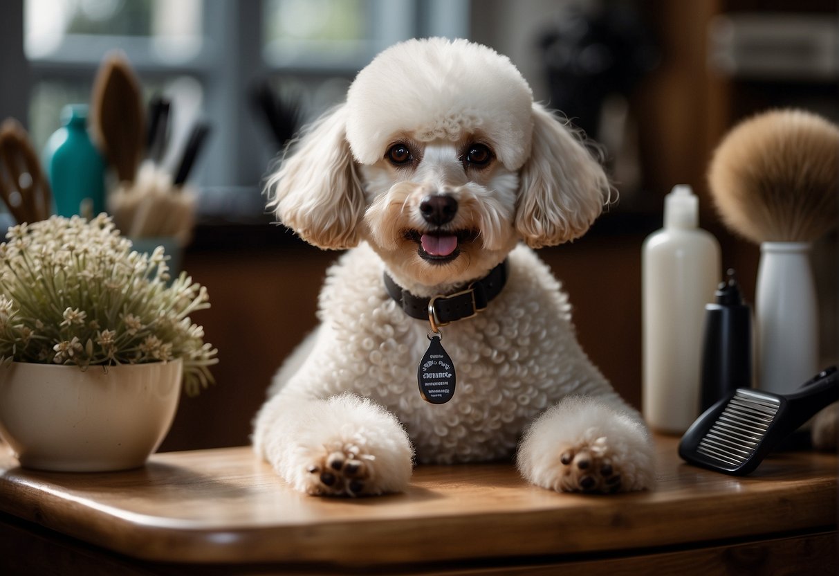 A poodle being groomed with a brush and scissors, surrounded by grooming supplies and a helpful guide on "Frequently Asked Questions comment toiletter son caniche"