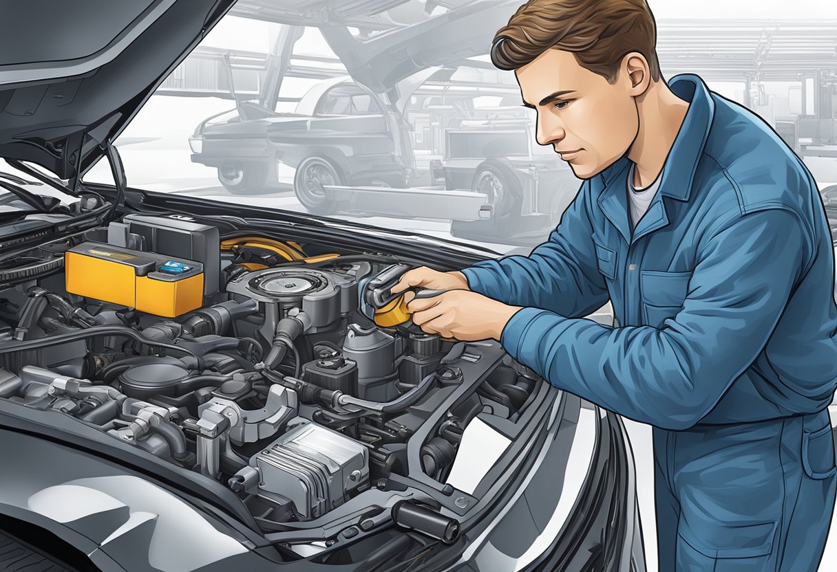 A mechanic examines diagnostic tools and equipment, focusing on a P0014 code diagnosis for camshaft position and timing over-advanced solutions