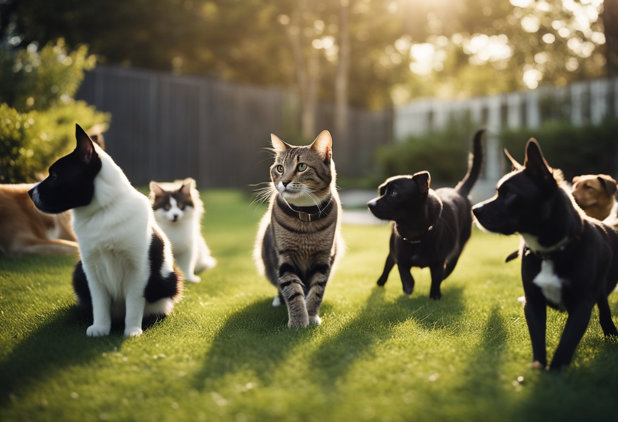 A female cat is surrounded by curious male dogs, sniffing and circling around her in a backyard setting