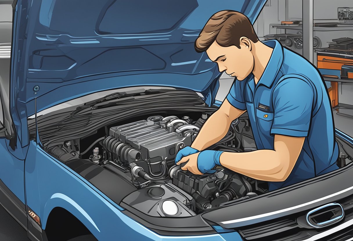 A mechanic examines engine with diagnostic tool, displaying "P0014 Code Diagnosis: Camshaft Position and Timing Over-Advanced Solutions."