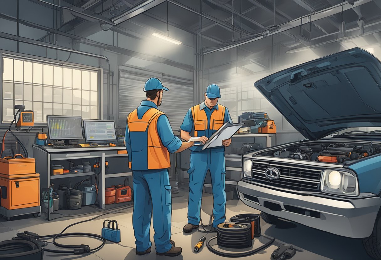 A mechanic diagnosing P0014 code with tools and diagnostic equipment in a well-lit garage