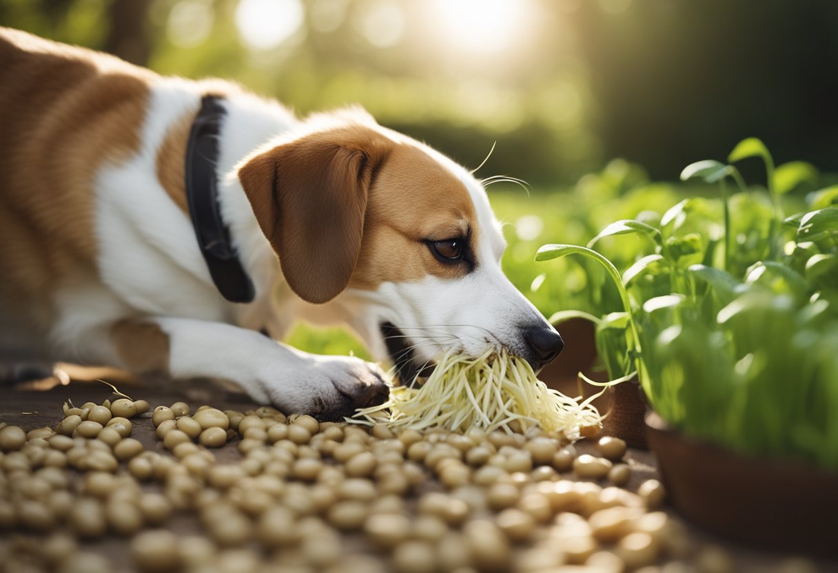 A dog eagerly munches on bean sprouts, its tail wagging with delight