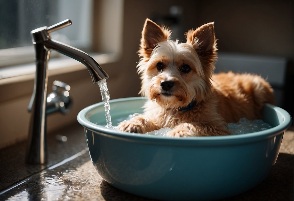 A caniche's paws being prepared for washing with soap and water in a shallow basin