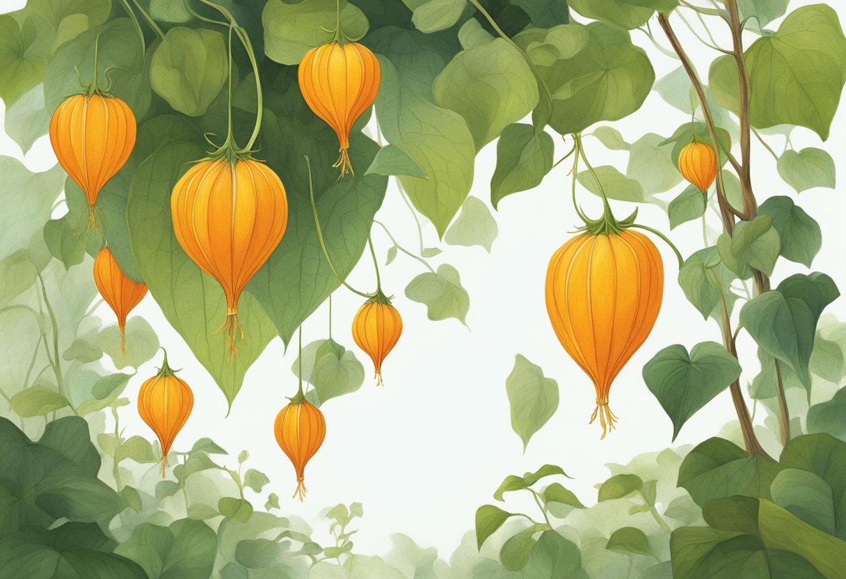 A physalis plant stands tall, its bright orange lantern-like fruits hanging from the branches. The leaves are a vibrant green, and the plant is surrounded by a few fallen husks on the ground