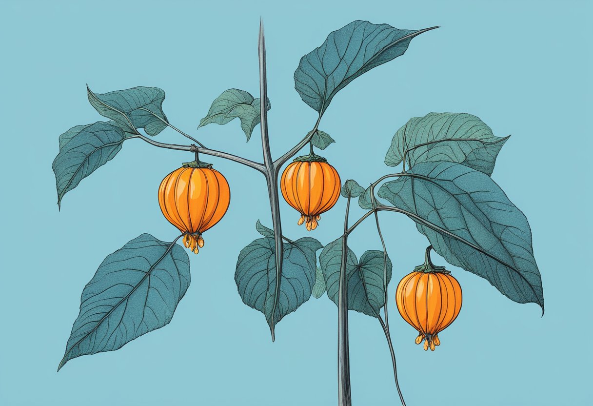 A physalis plant stands tall, with bright orange lantern-like fruits hanging from its branches. The leaves are green and slightly serrated, and the plant is set against a backdrop of a clear blue sky