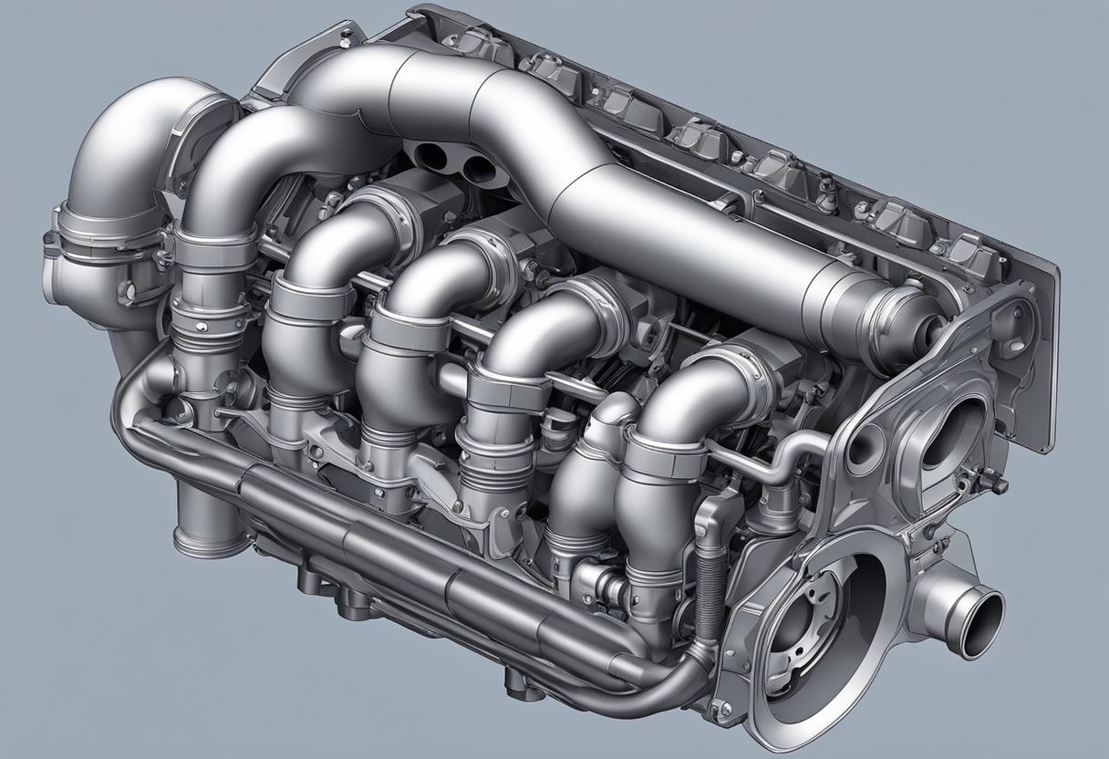 The exhaust manifold sits at the front of the engine, collecting exhaust gases from each cylinder and directing them into the exhaust system