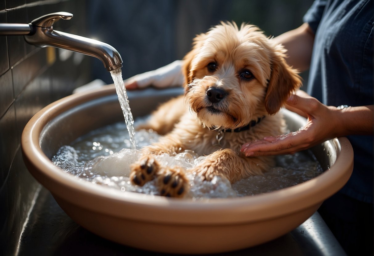 A caniche's paws being washed with gentle soap and warm water in a shallow basin