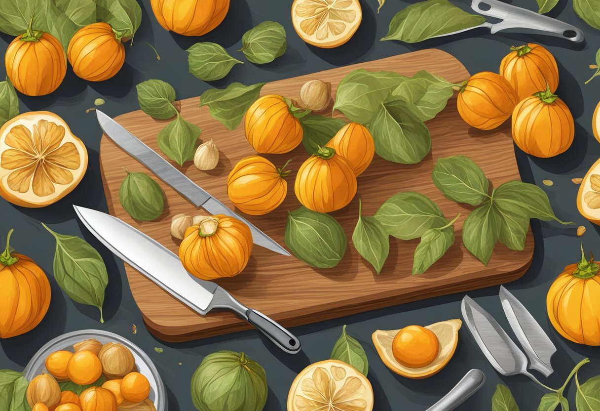 Physalis fruits arranged on a wooden cutting board with a knife, surrounded by various cooking utensils and ingredients
