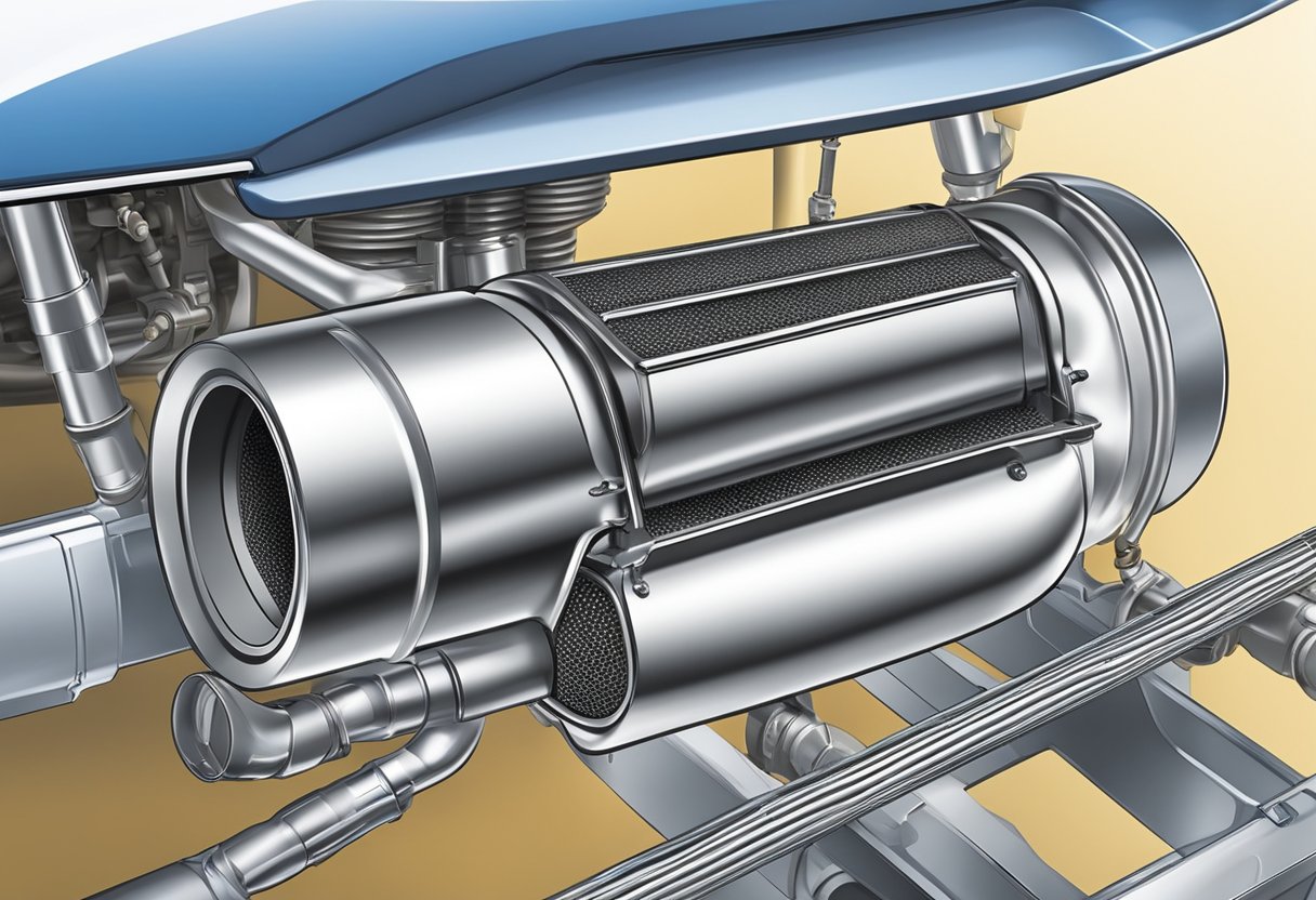 A car's catalytic converter is shown in the exhaust system, positioned between the engine and the muffler.

It consists of a metal canister with a honeycomb-like structure inside