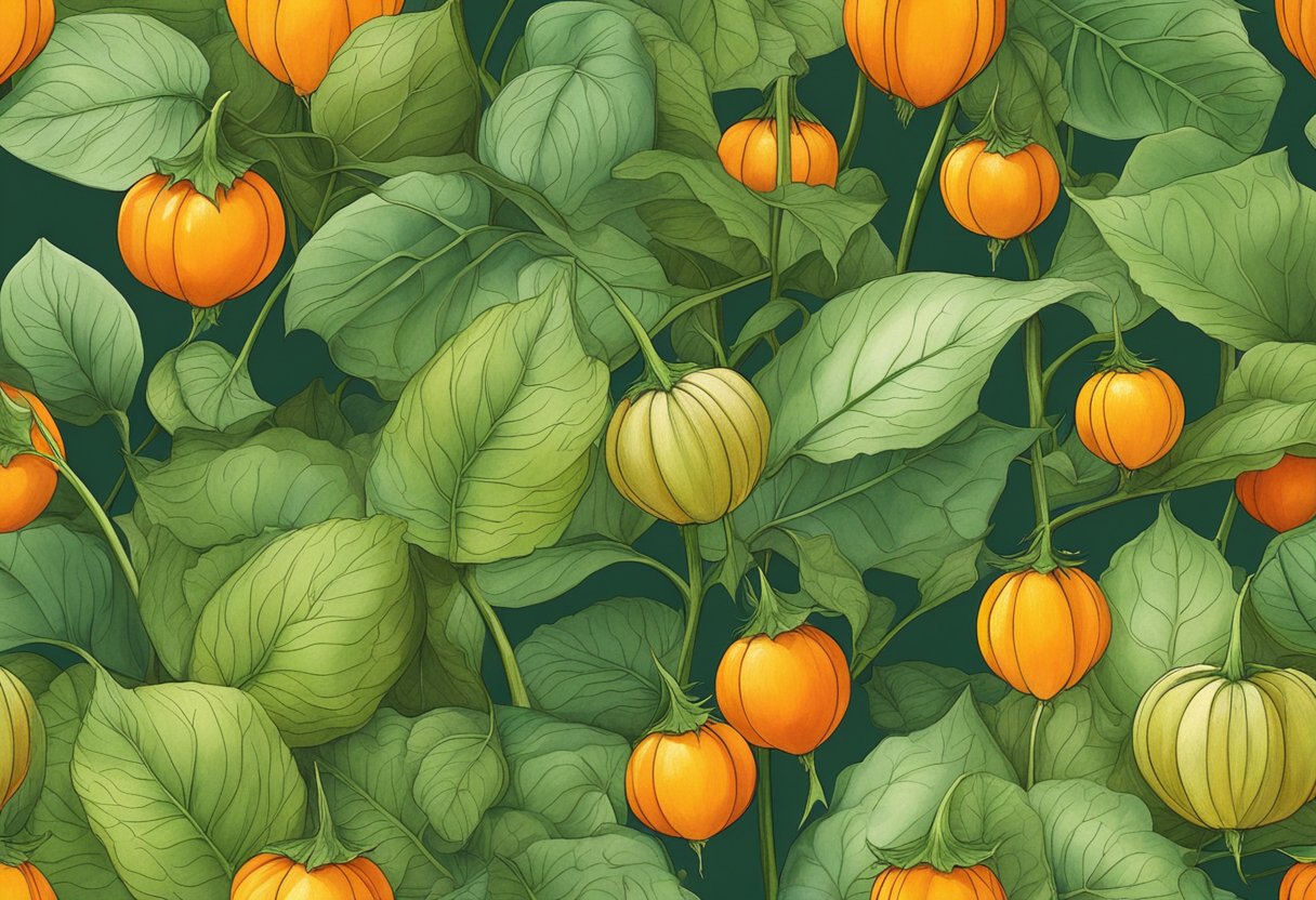 A vibrant physalis plant stands tall, with bright orange fruits nestled among green leaves. The plant is surrounded by other colorful fruits and vegetables, showcasing a variety of healthful options