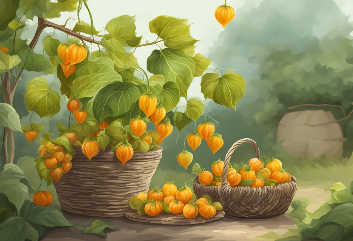Physalis plants growing in a garden, with ripe fruits hanging from the branches and some harvested fruits stored in a basket