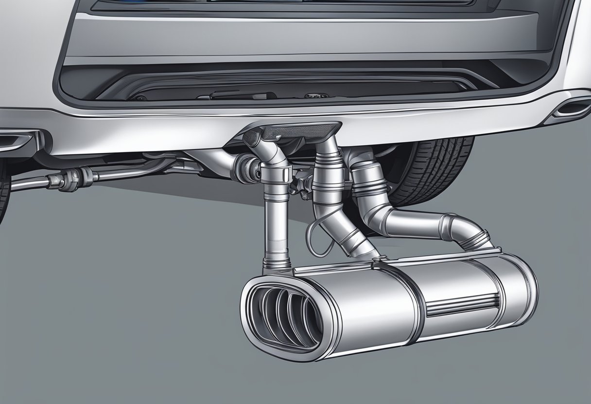 A car with an exposed exhaust system, showing the muffler and its connections to the engine and tailpipe