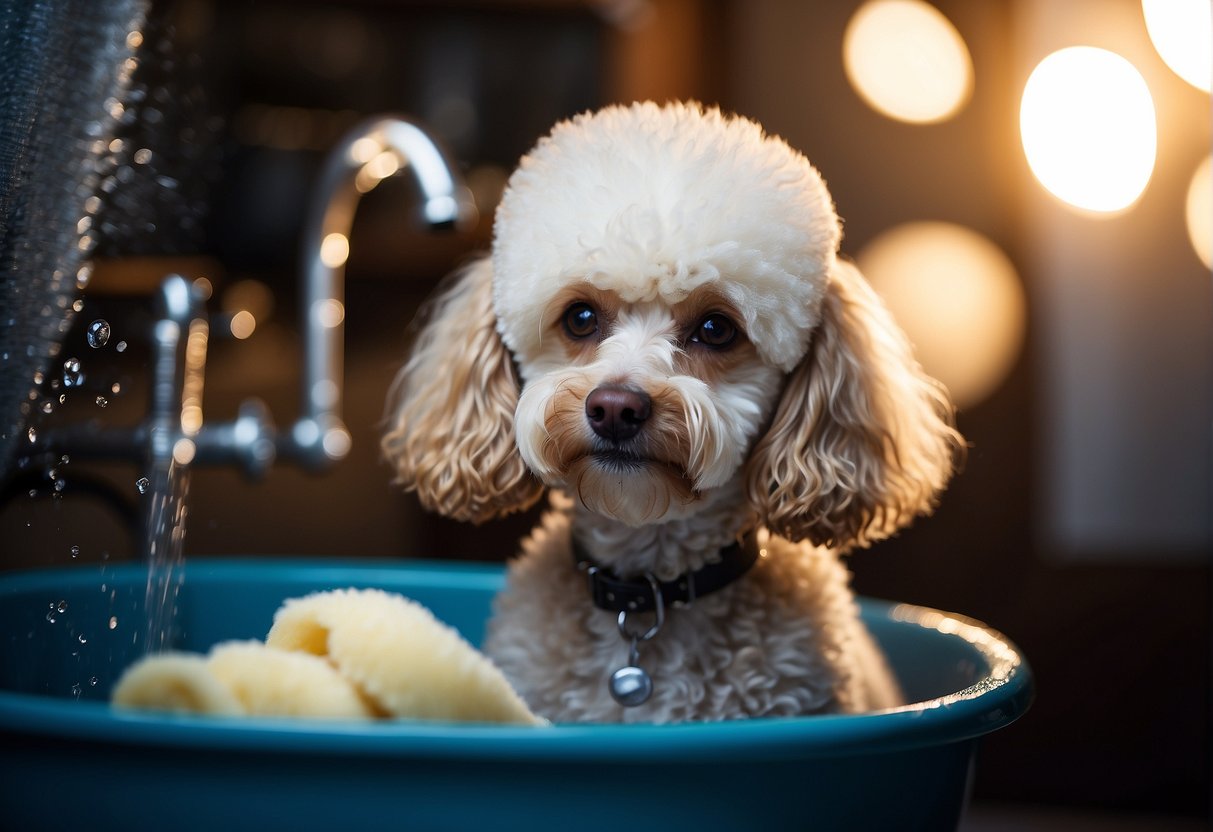 A poodle's paws being washed with soap and water in a grooming setting