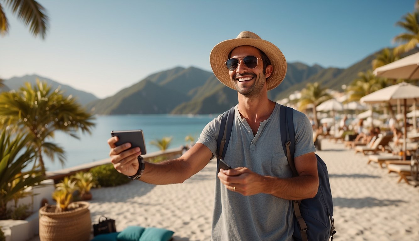 A traveler receiving cashback on a vacation purchase, with a smile and a credit card in hand