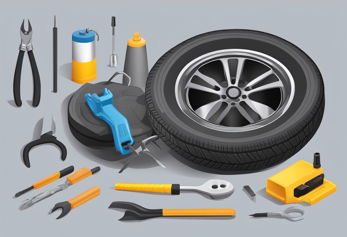 A tire with a visible puncture is being repaired with a plug and patch, surrounded by tools and equipment for tire repair