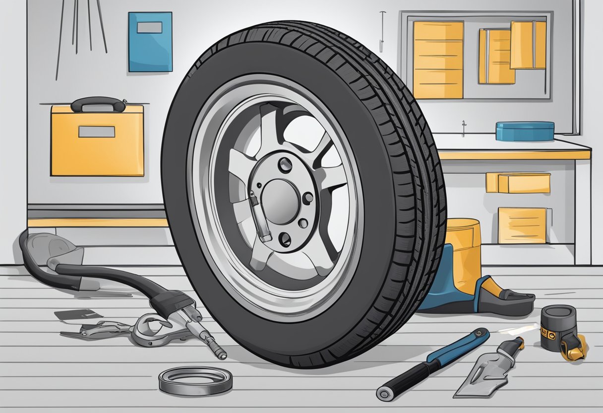 A tire with a plug and patch, showing signs of wear and tear, surrounded by a measuring tool and a chart indicating repair longevity