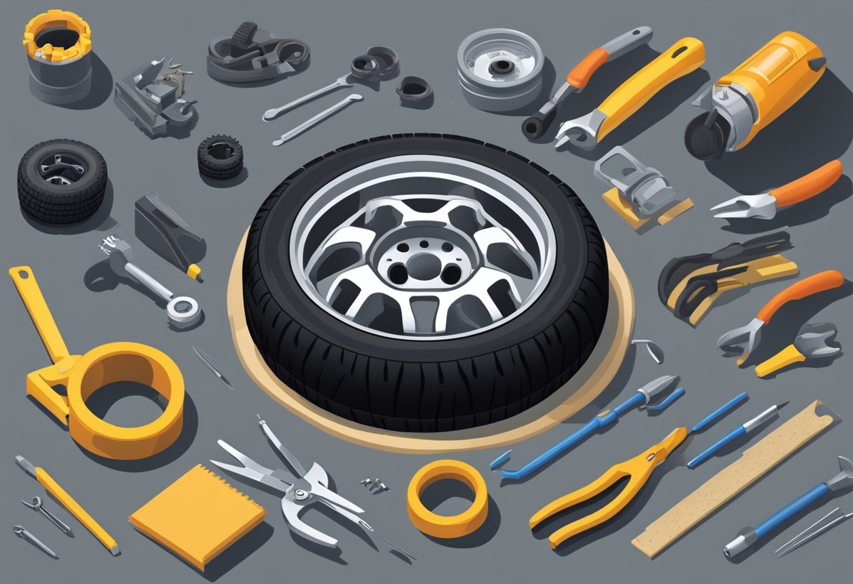 A tire with a visible puncture is being repaired with a plug and patch, surrounded by tools and equipment.

The scene exudes a sense of precision and expertise