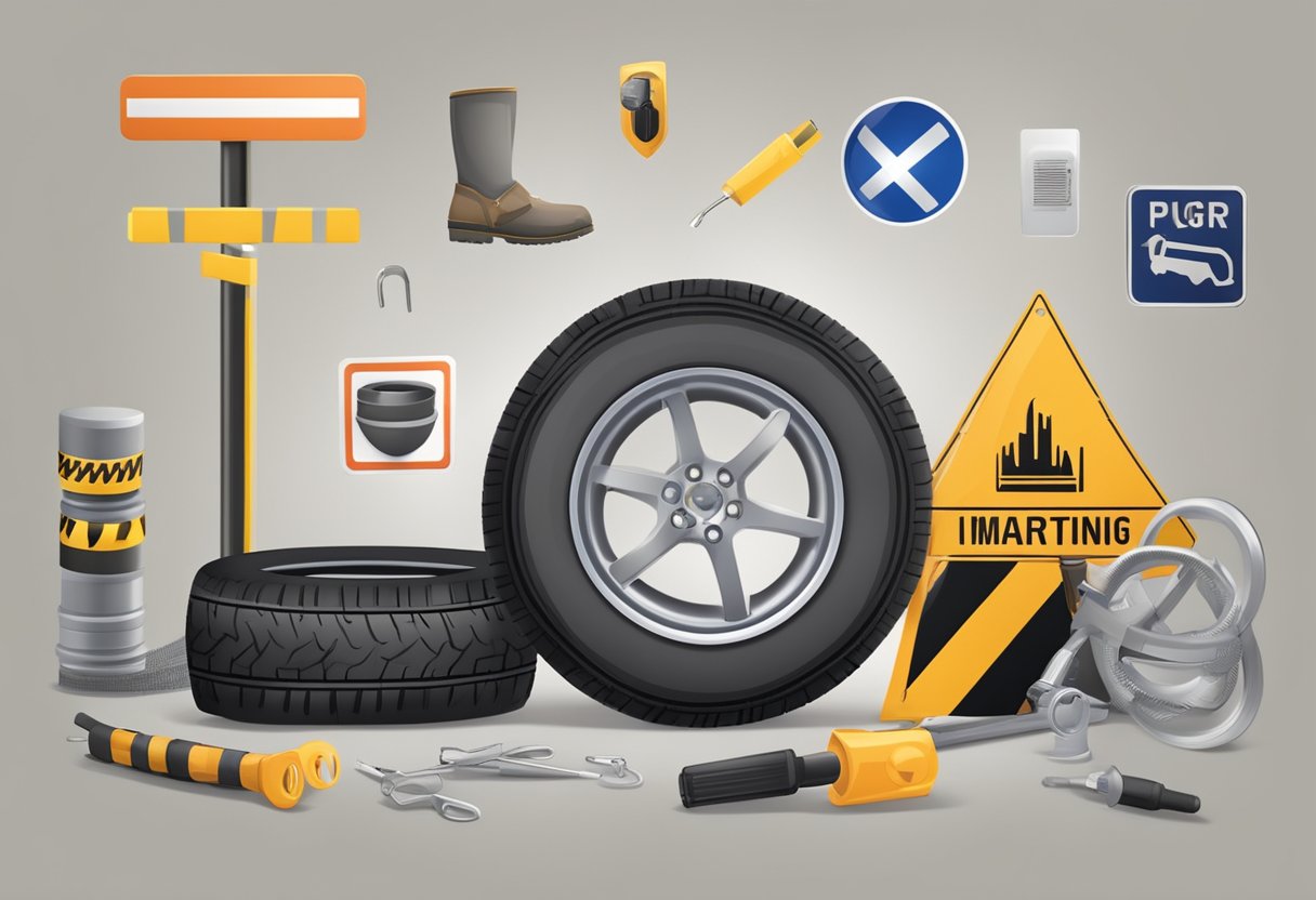 A tire with a visible puncture is being repaired with a plug and patch, surrounded by safety equipment and warning signs