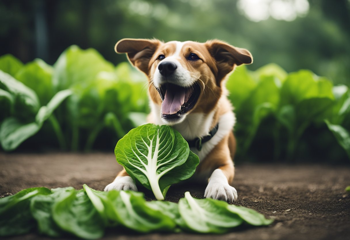A dog eagerly munches on fresh bok choy leaves, its tail wagging in excitement