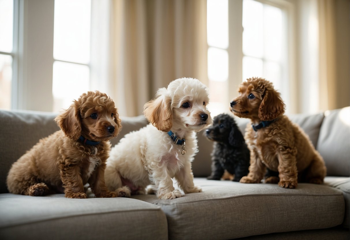 A litter of royal poodle puppies, varying in color and size, playfully exploring their surroundings in a cozy, sunlit corner of a spacious living room