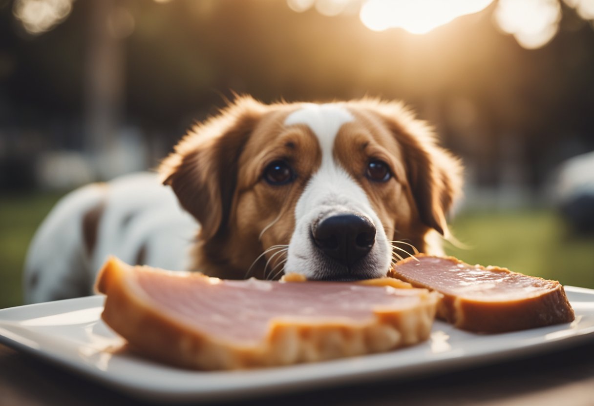 A dog eagerly chews on a slice of bologna, tail wagging